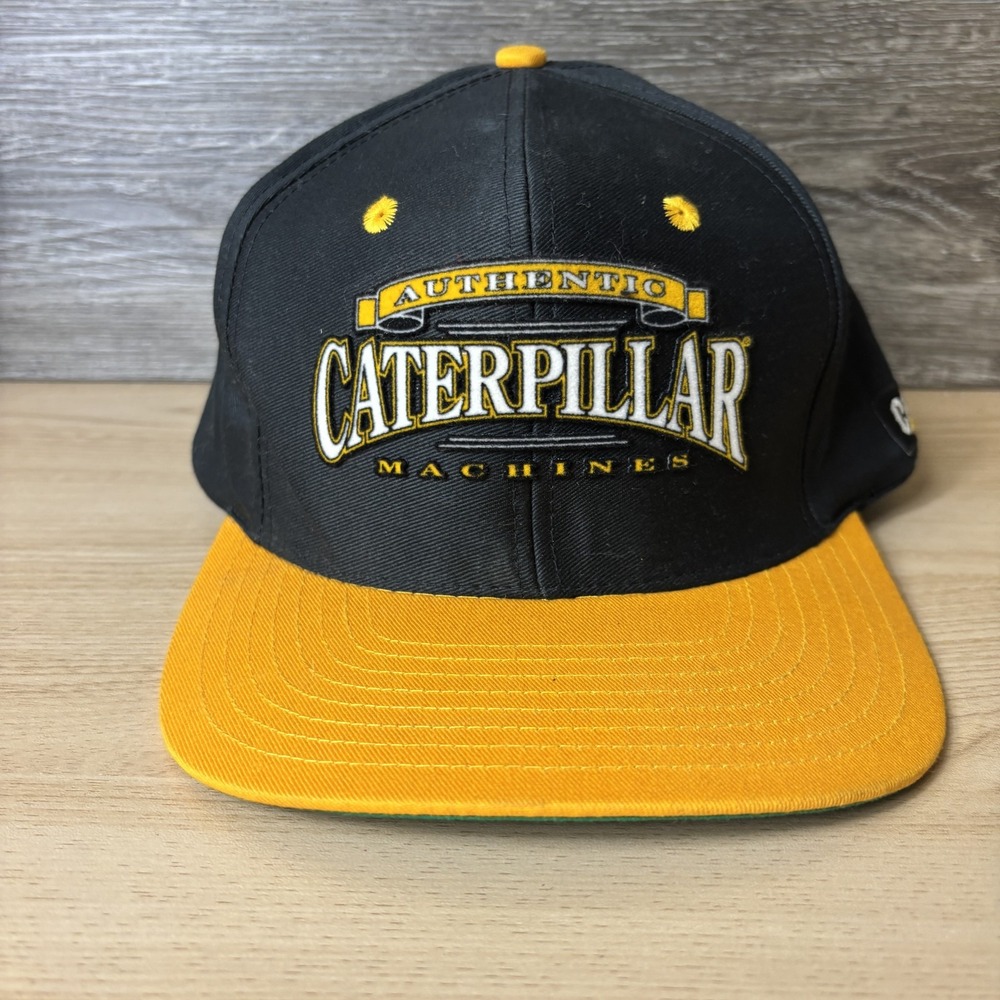 VINTAGE Caterpillar Hat Cap Snap Back Black Yellow Embroidered Machines Mens 90s